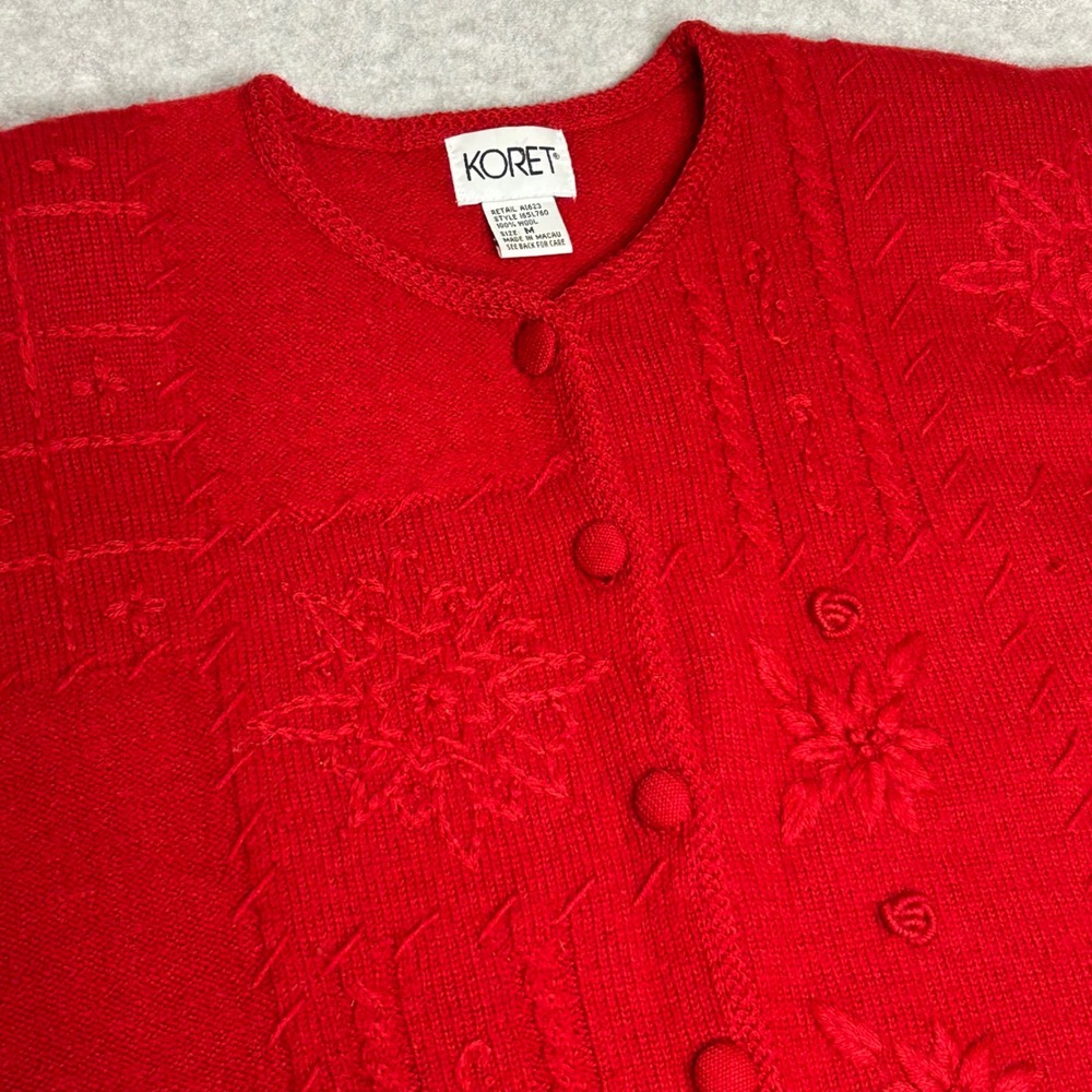 Vintage Koret Red Floral Embroidered Wool Button Front Cardigan Sweater Jacket M